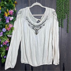 Free People Long Sleeve Studded Cream Scoop Neck Peasant Blouse Size Medium